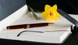 journal, pen, and daffodil
